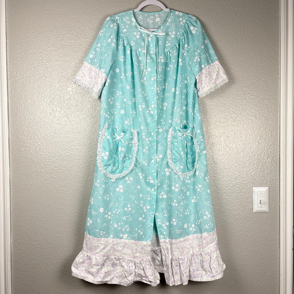 Approx Size XL Cottagecore Blue White Ruffled Floral Print House Dress w Pockets